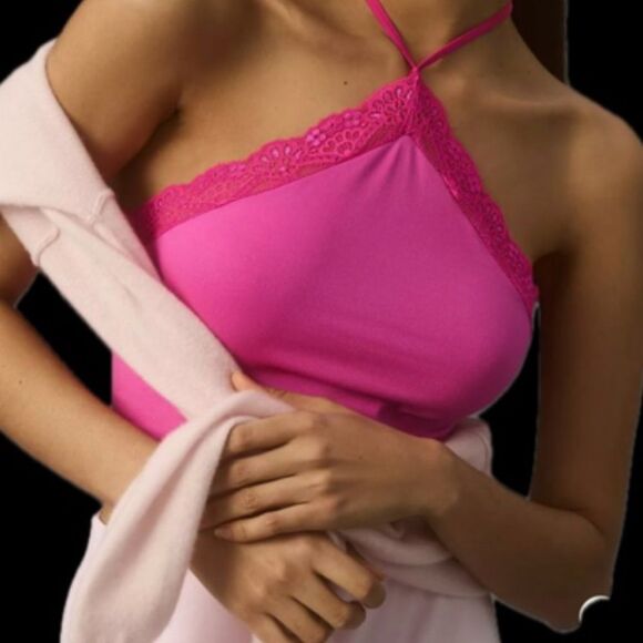 Anthropologie Tops - Sold* NWT Anthropologie Hot Pink Halter Tank Cami Lace Trim Size L/ XL